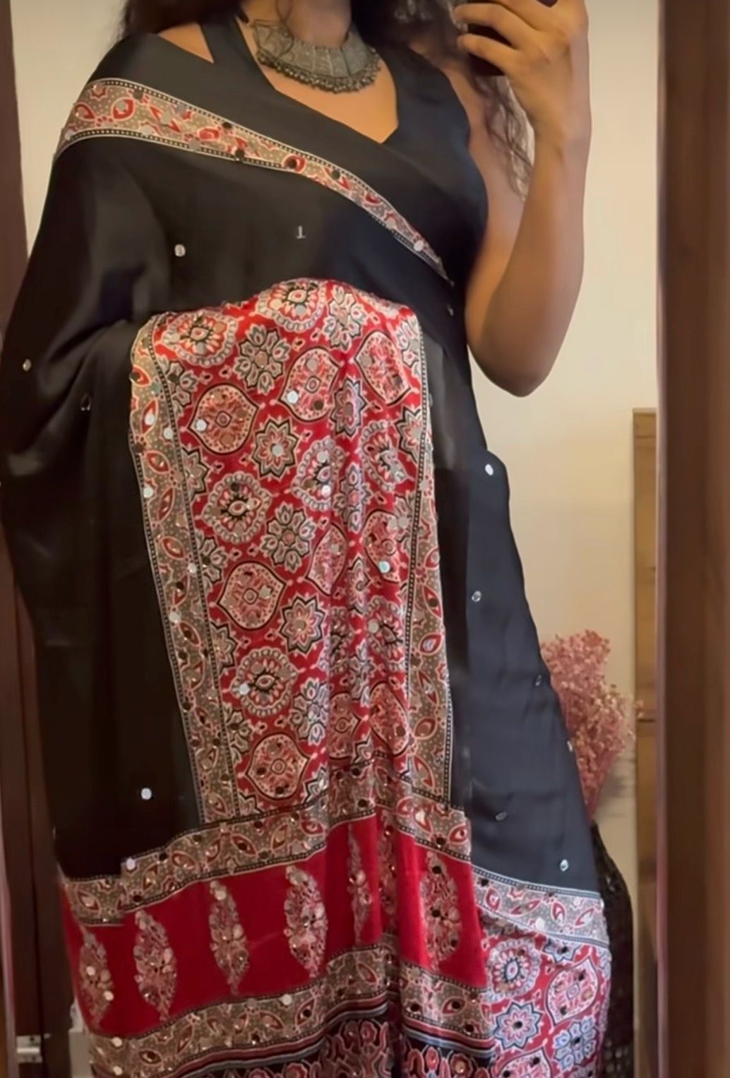 BLACK - MODAL SILK MIRROR WORK SAREE