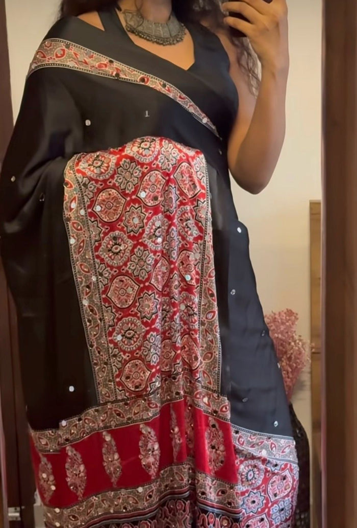 BLACK - MODAL SILK MIRROR WORK SAREE