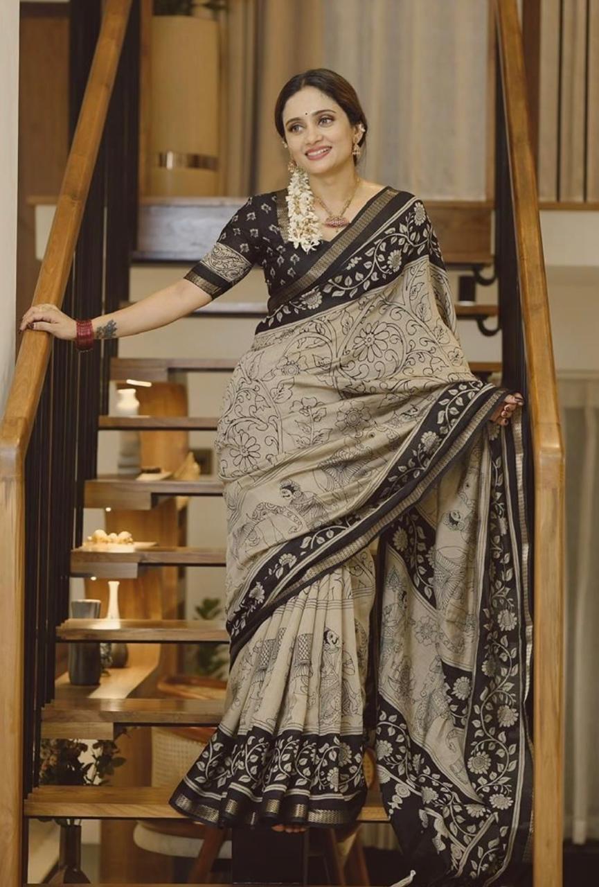 Beige black kalamkari silk