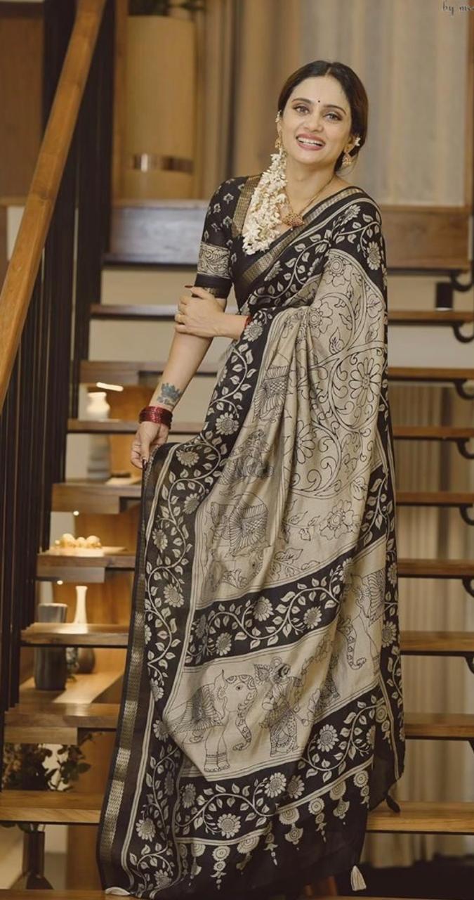 Beige black kalamkari silk