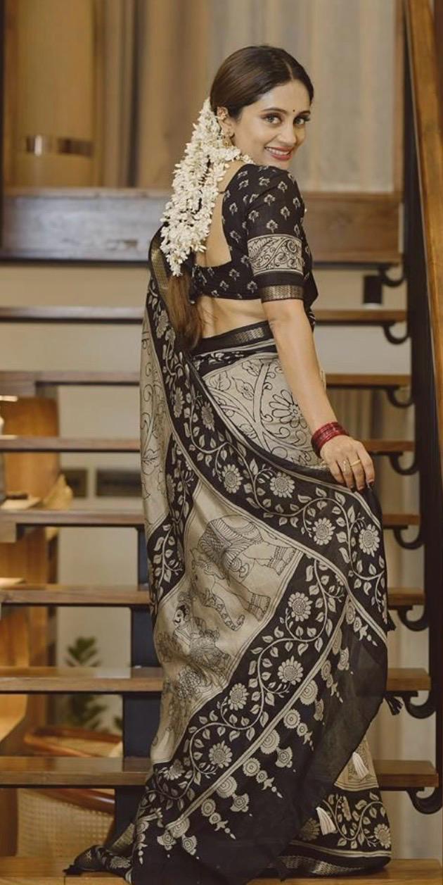 Beige black kalamkari silk