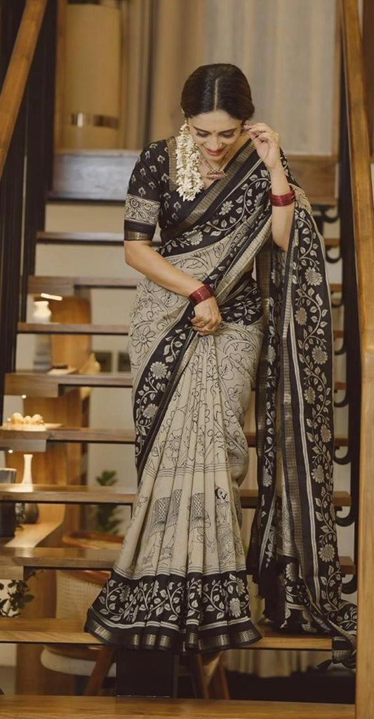 Beige black kalamkari silk