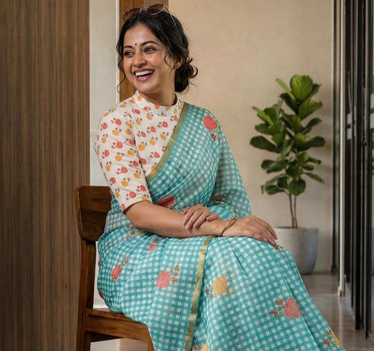 RAMA BLUE TRENDING CHECKS SAREES