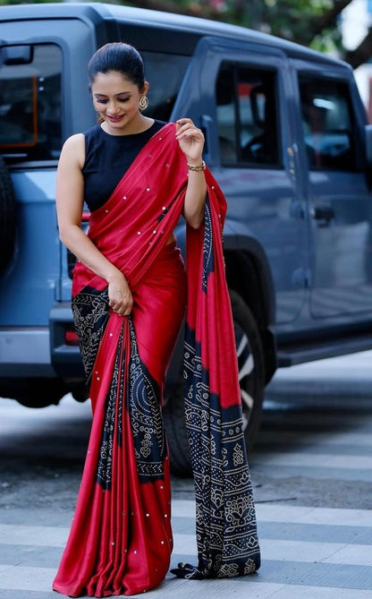 RED BLACK MODAL SILK WITHOUT MIRROR WORK