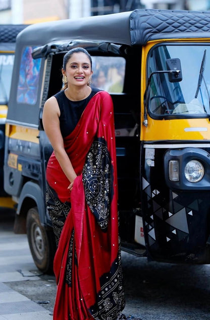 RED BLACK MODAL SILK WITHOUT MIRROR WORK
