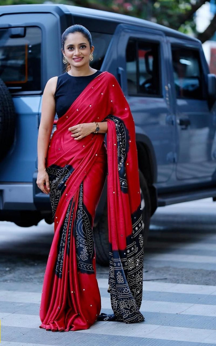 RED BLACK MODAL SILK WITHOUT MIRROR WORK