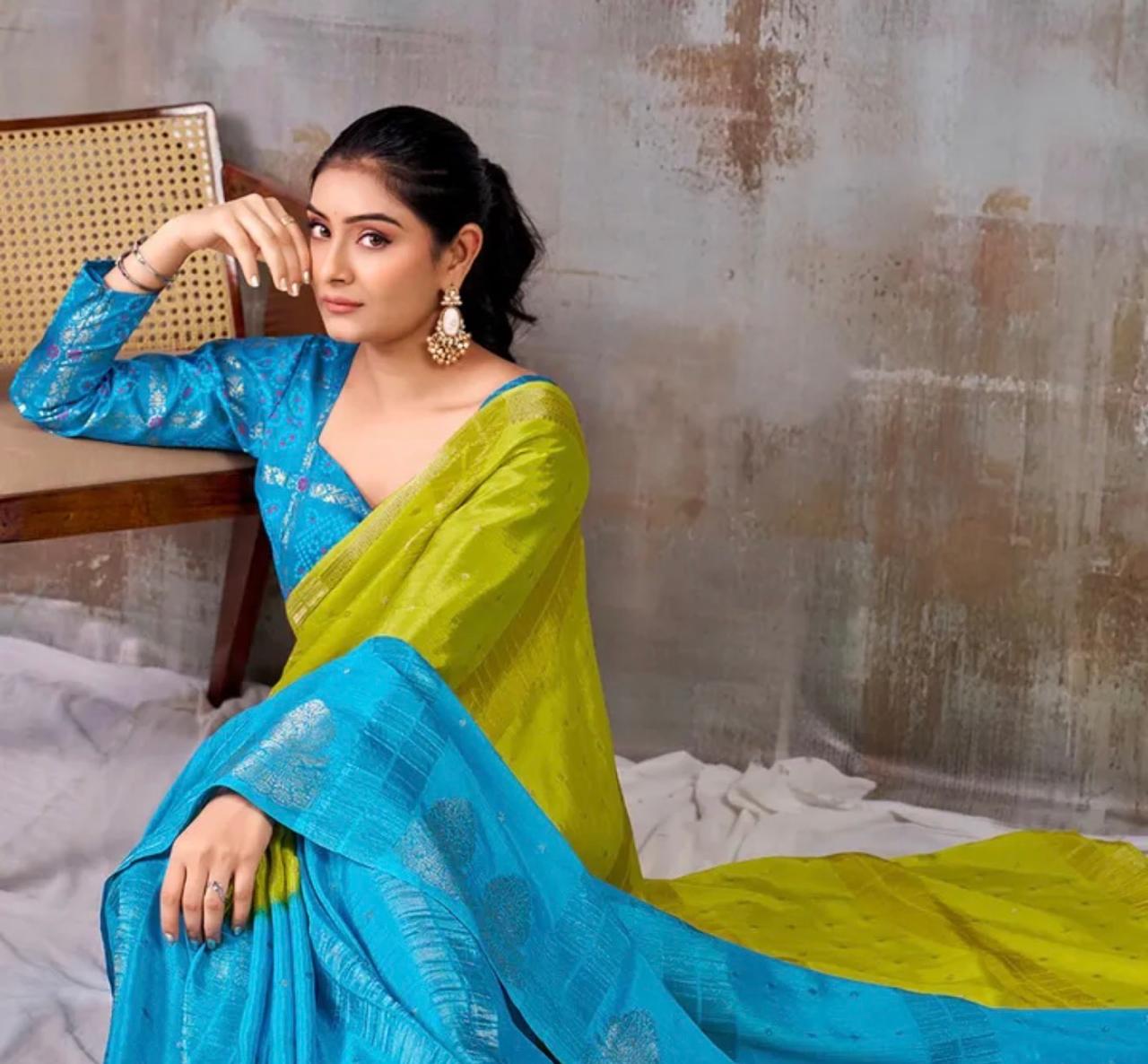 PARROT GREEN WITH BLUE VISCOSE SILK SAREE