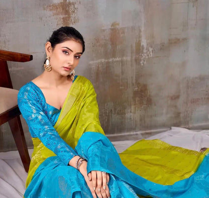 PARROT GREEN WITH BLUE VISCOSE SILK SAREE