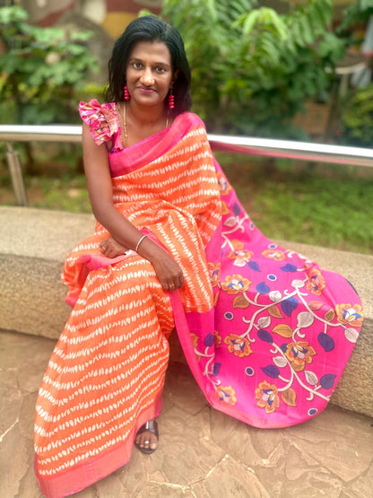 Orange Pink kalamkari saree