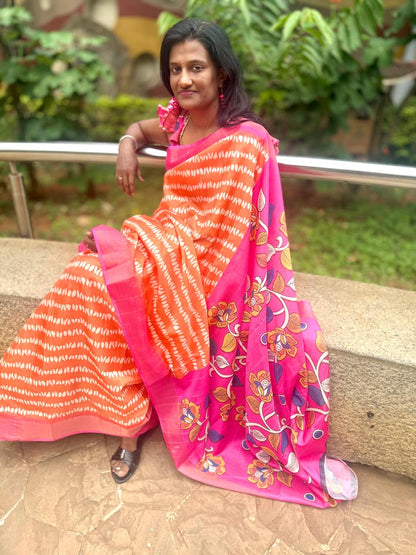Orange Pink kalamkari saree