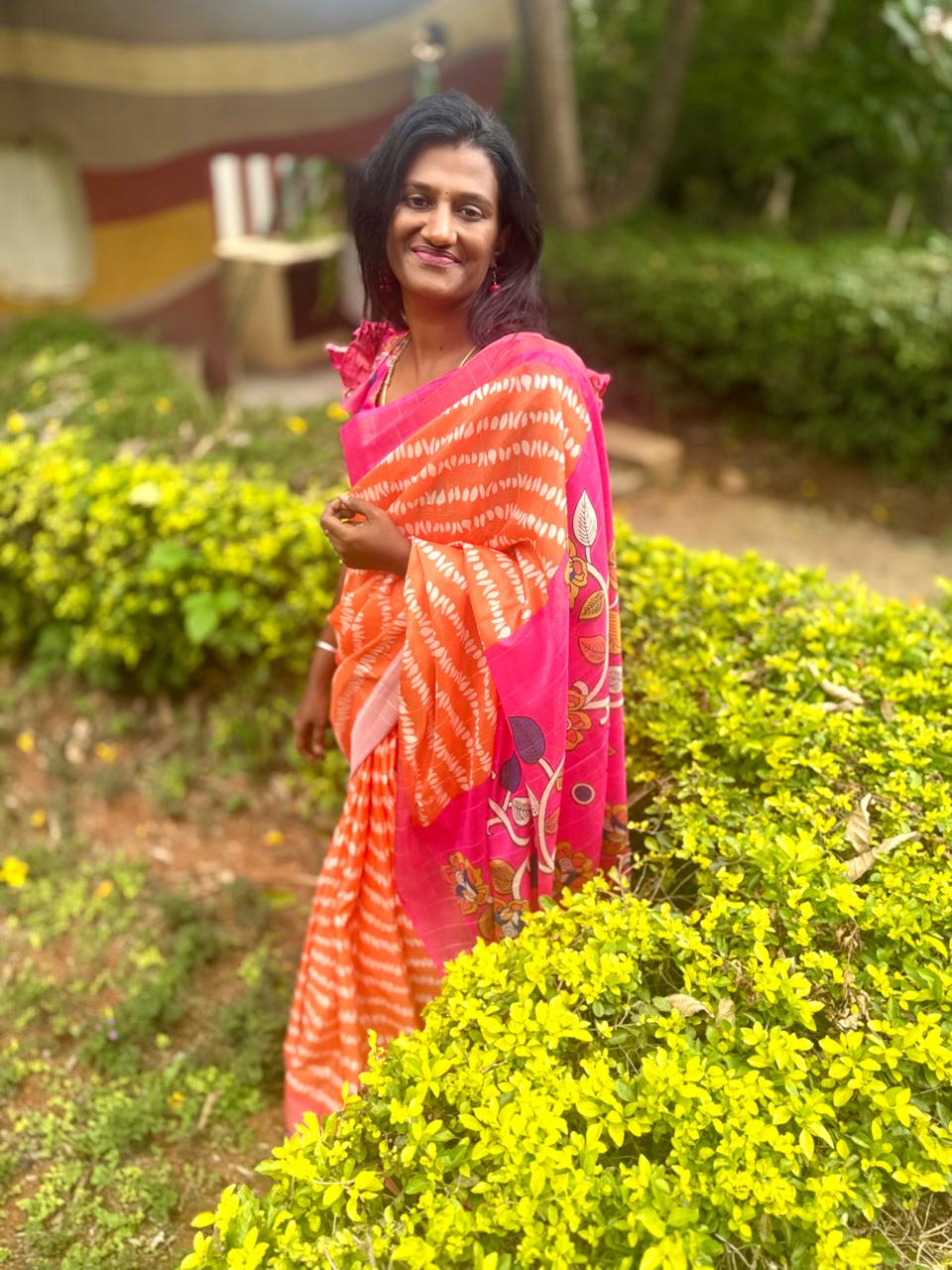 Orange Pink kalamkari saree