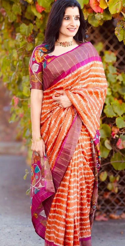 Orange Pink kalamkari saree