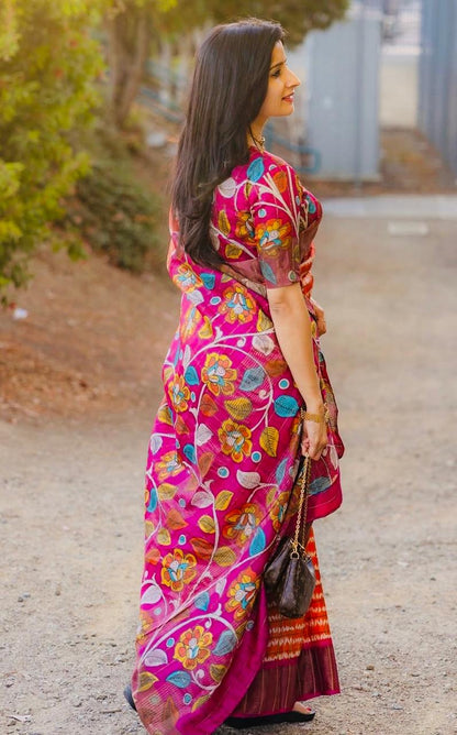 Orange Pink kalamkari saree