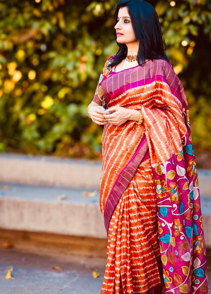 Orange Pink kalamkari saree