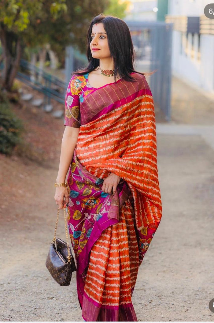 Orange Pink kalamkari saree