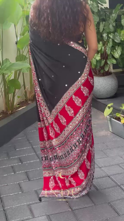 BLACK - MODAL SILK MIRROR WORK SAREE