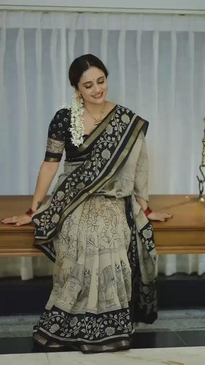 Beige black kalamkari silk