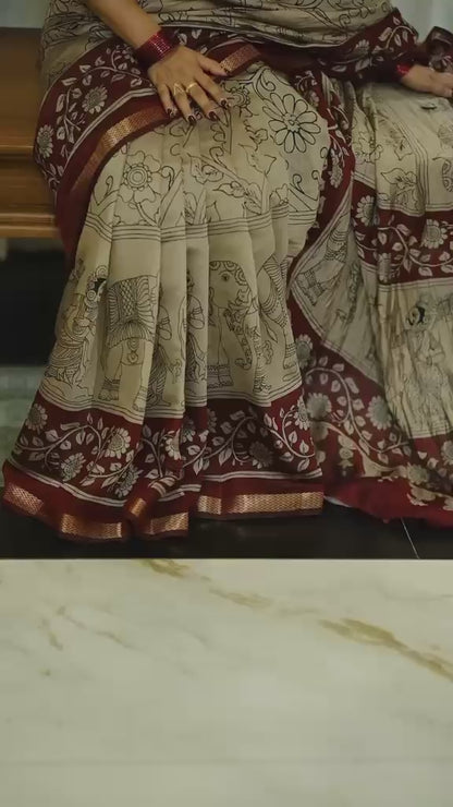 BEIGE RED  KALAMKARI SAREE