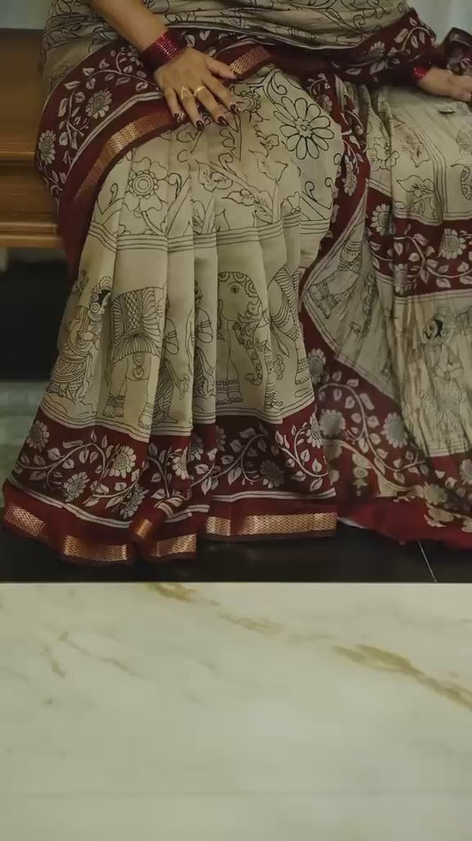 BEIGE RED  KALAMKARI SAREE